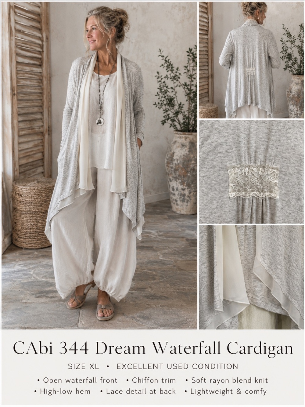 CAbi 344 Dream Waterfall Cardigan XL Gray Open Front Chiffon Trim Duster Sweater